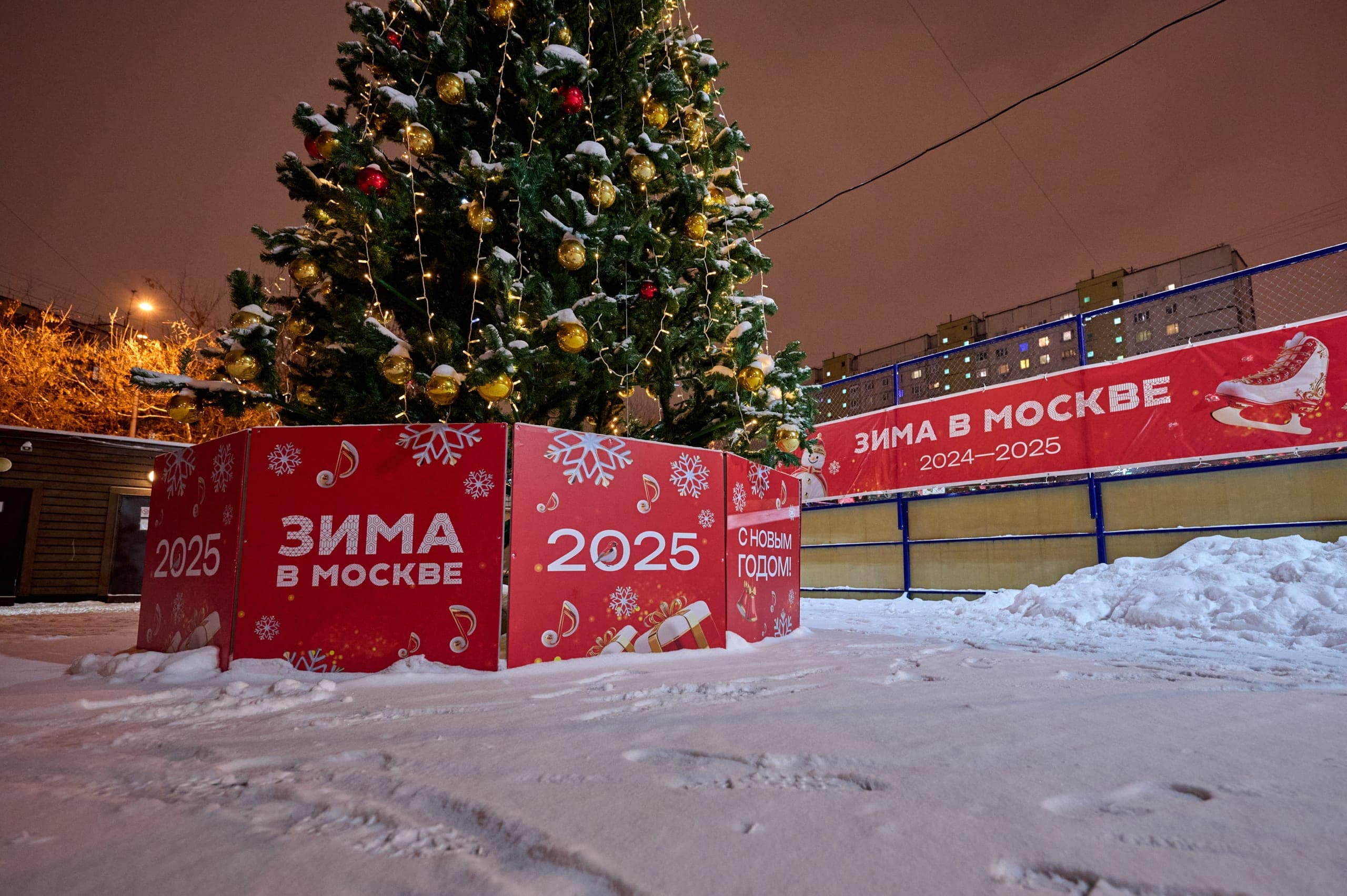 Декоративная новогодняя ель у дворового катка